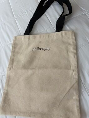Philosophy Small Shimmer Beige Canvas Tote with Black Straps